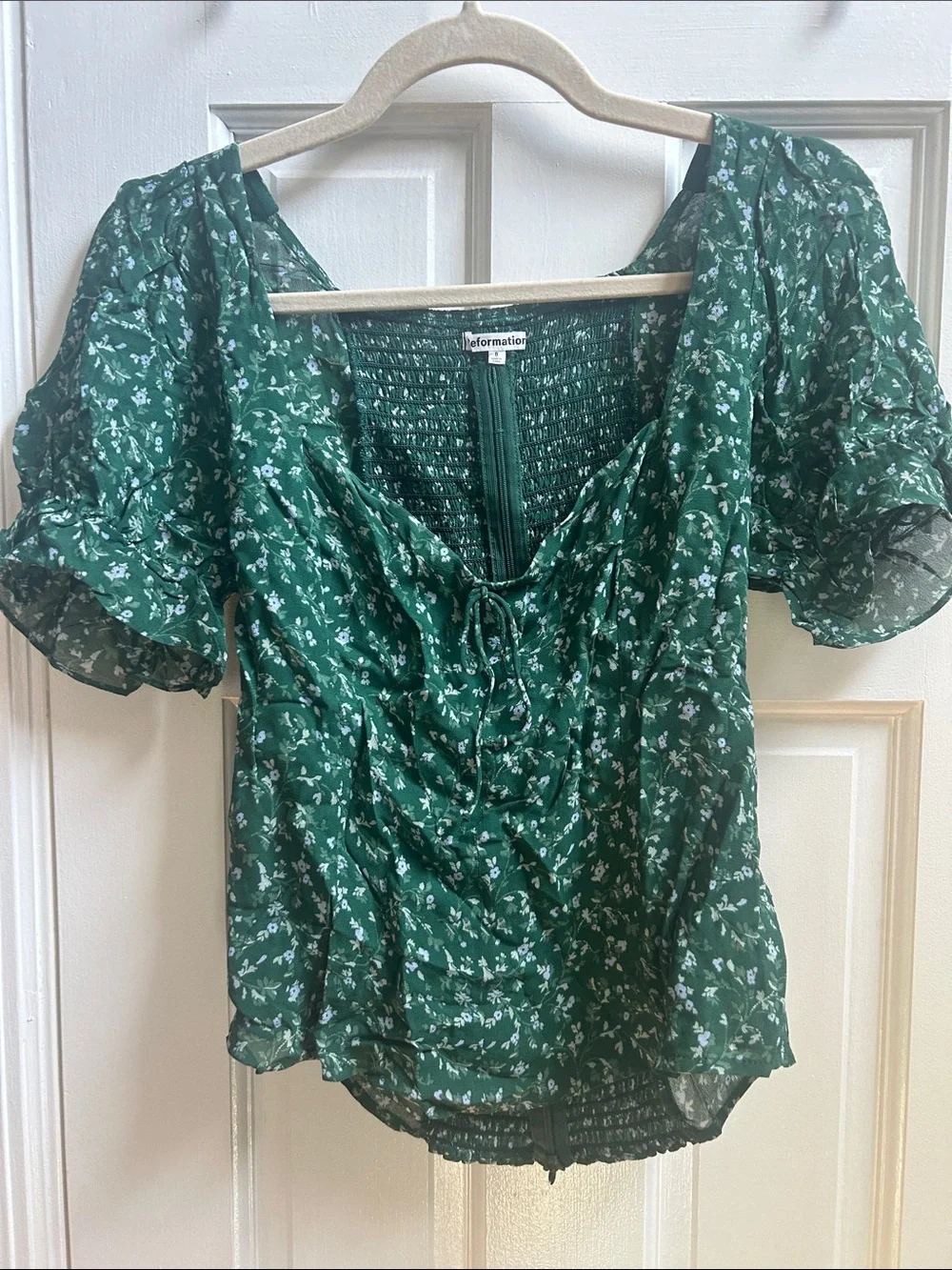 Reformation Emerald Green Floral Tie-Front Puff Sleeve Blouse